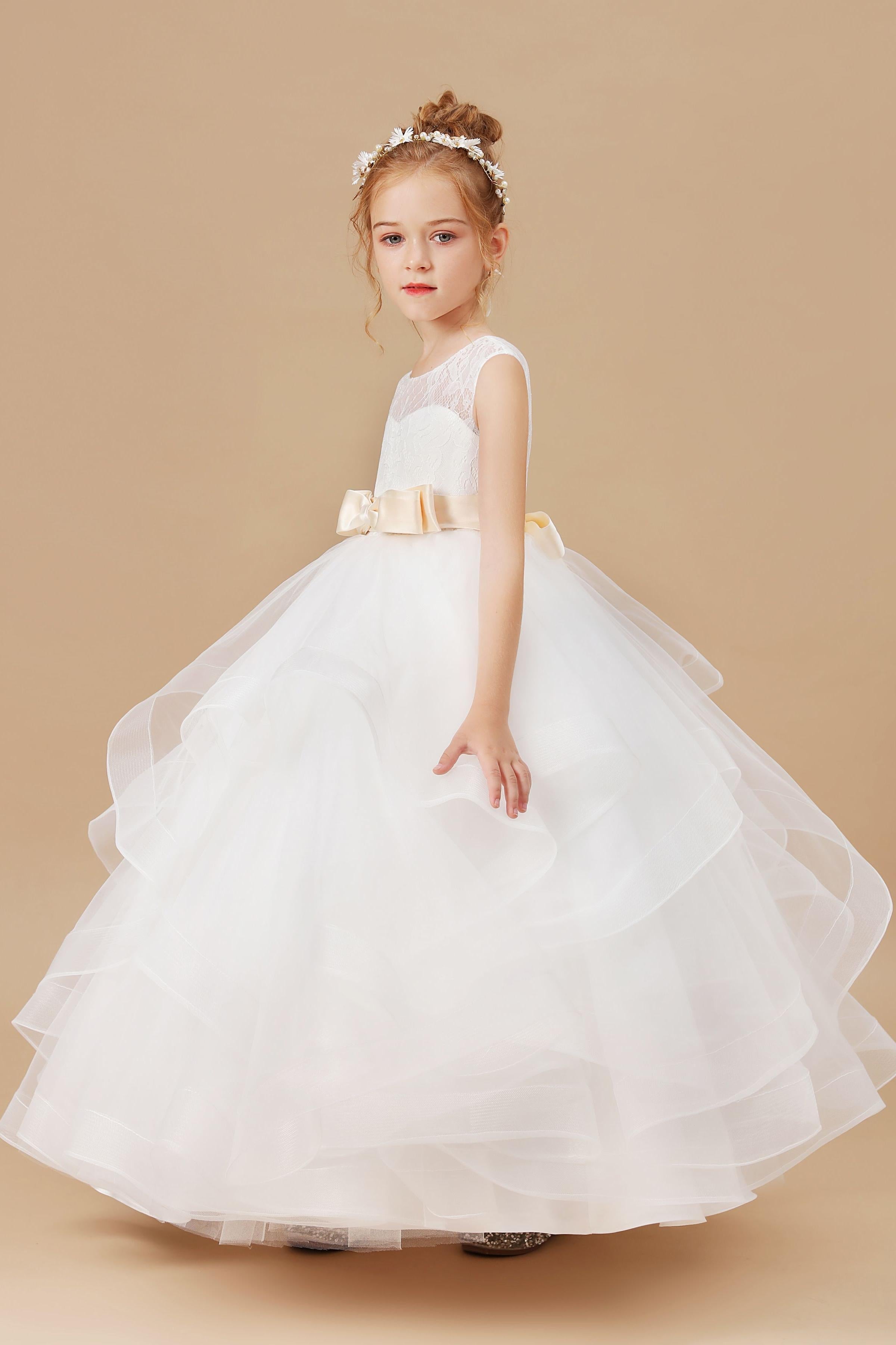 Ivory Multi layered Tulle Ruffled Satin Flower Girl Dresses With Champ