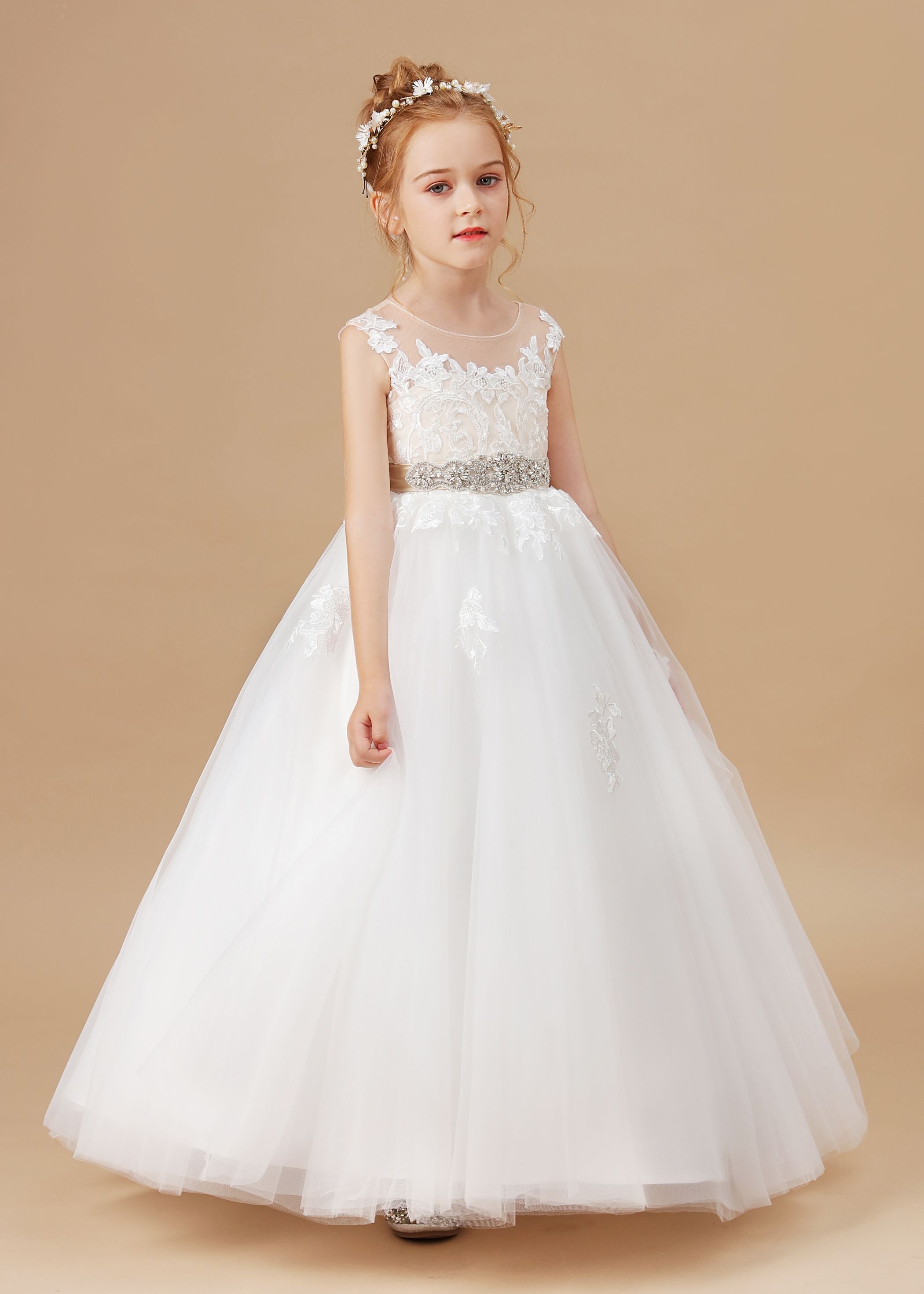 Ivory Sleeveless Tulle Satin Flower Girl Dresses With Champagne Bowknot