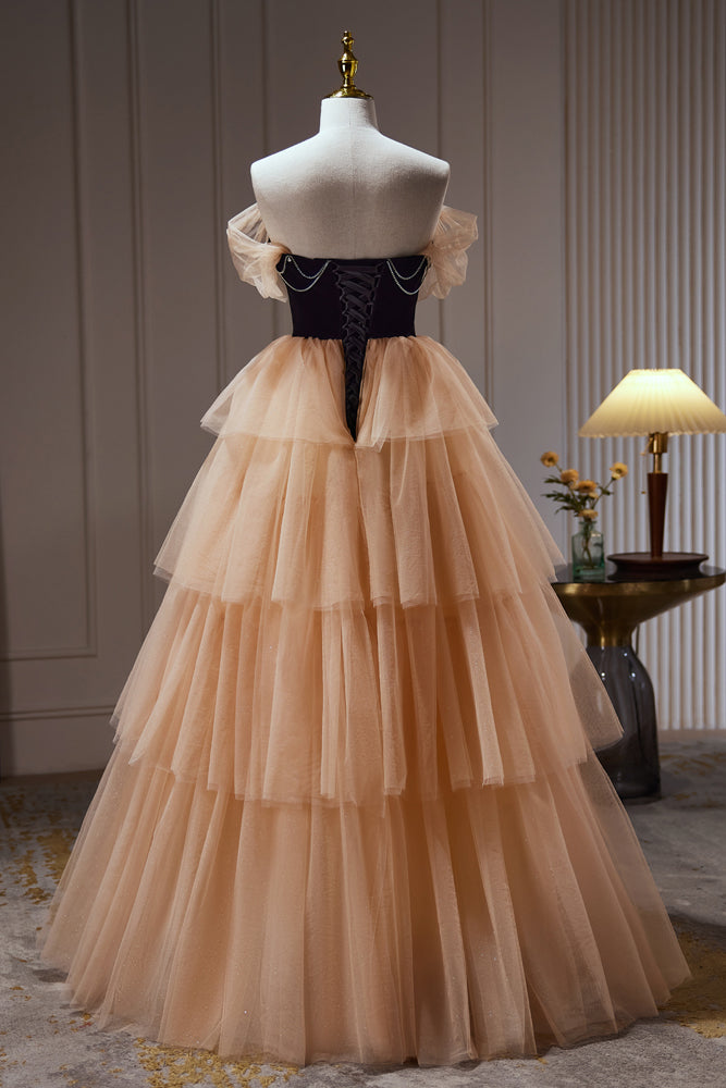 Champagne Off The Shoulder Evening Gown A Line Tulle Long Prom Dresses