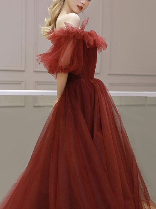 Burgundy Off Shoulder A Line Formal Evening Dresses Tulle Long Prom Dresses