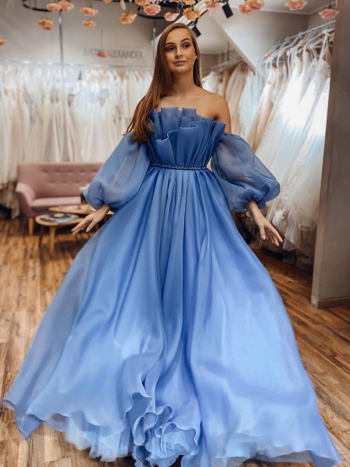 A Line Formal Evening Dresses Blue Organza Long Sleeves Strapless Prom