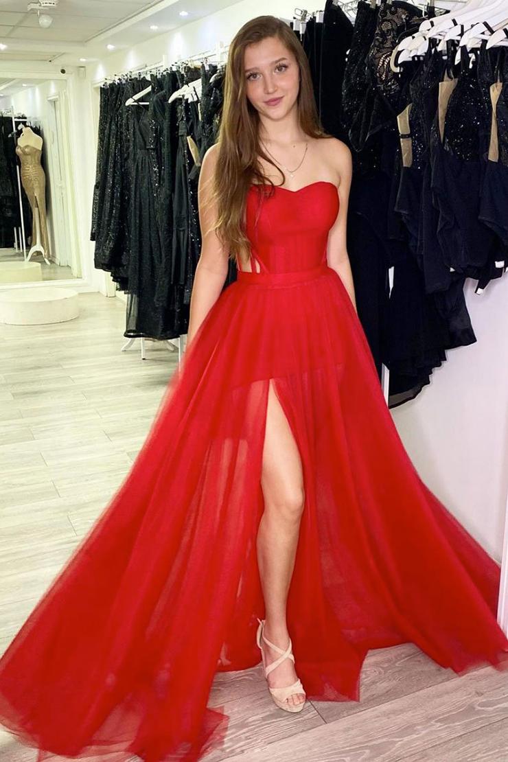 Simple Red Sleeveless A Line Sweetheart Tulle Prom Dress