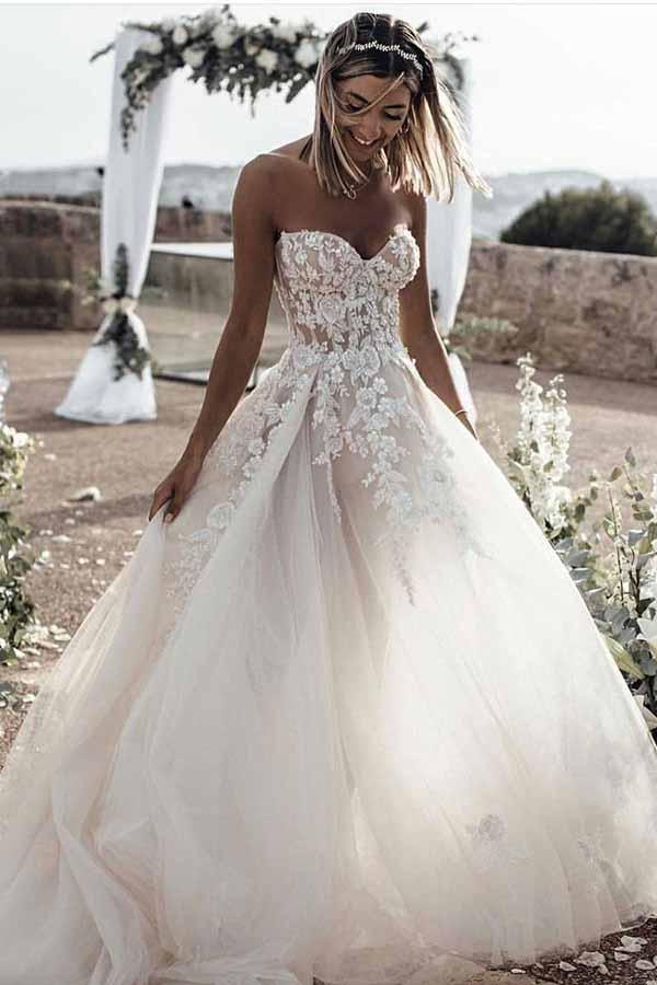 Romantic Sweetheart Strapless Sweep Train Lace Appliques A Line Wedding Dresses