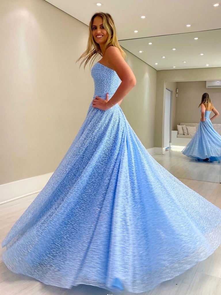 Sky Blue A Line Lace Strapless Sweetheart Formal Evening Dresses Long