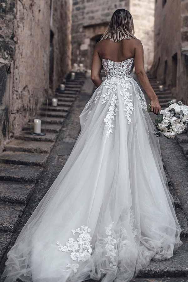 Romantic Sweetheart Strapless Sweep Train Lace Appliques A Line Wedding Dresses