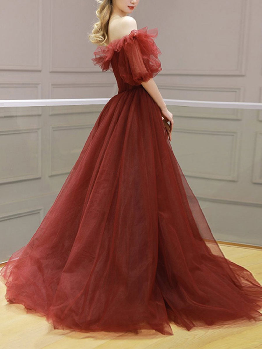 Burgundy Off Shoulder A Line Formal Evening Dresses Tulle Long Prom Dresses