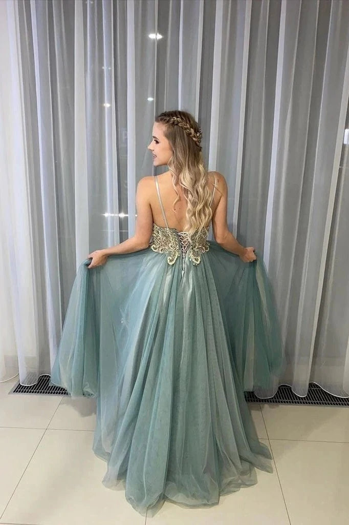 Dusty Sage Spagahetti Straps A-Line Beades Sweetheart Formal Evening Dresses Long Prom Dresses