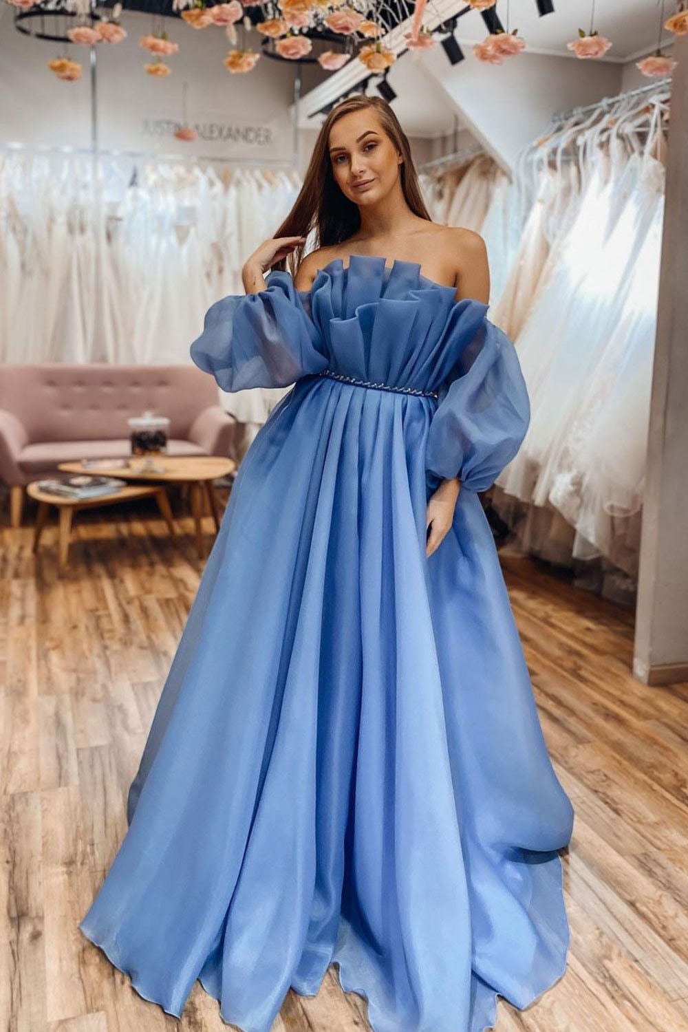 Blue long sleeve evening dress shop