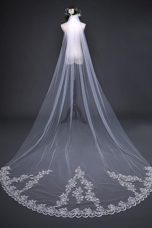 Beautiful Lace Appliques Tulle Long Wedding Veil V36 - Ombreprom