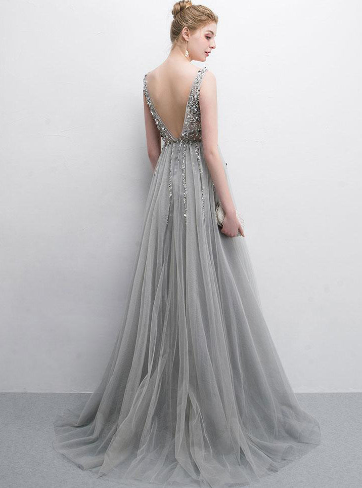 Gray A Line Tulle V Neck Sequin Long Prom Dresses