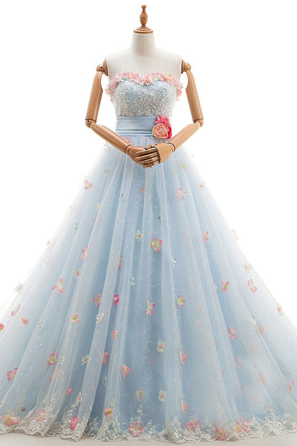 Charming Light Blue Tulle Sweetheart Ball Gown Court Train Wedding Dress W408 - Ombreprom