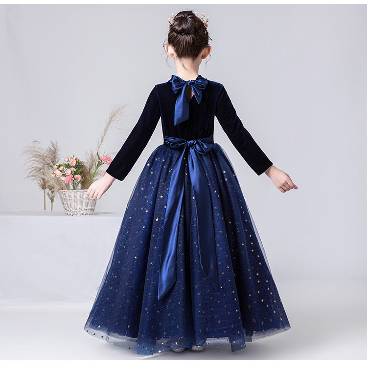 A Line Navy Blue Long Sleeves Star Tulle Flower Girl Dresses