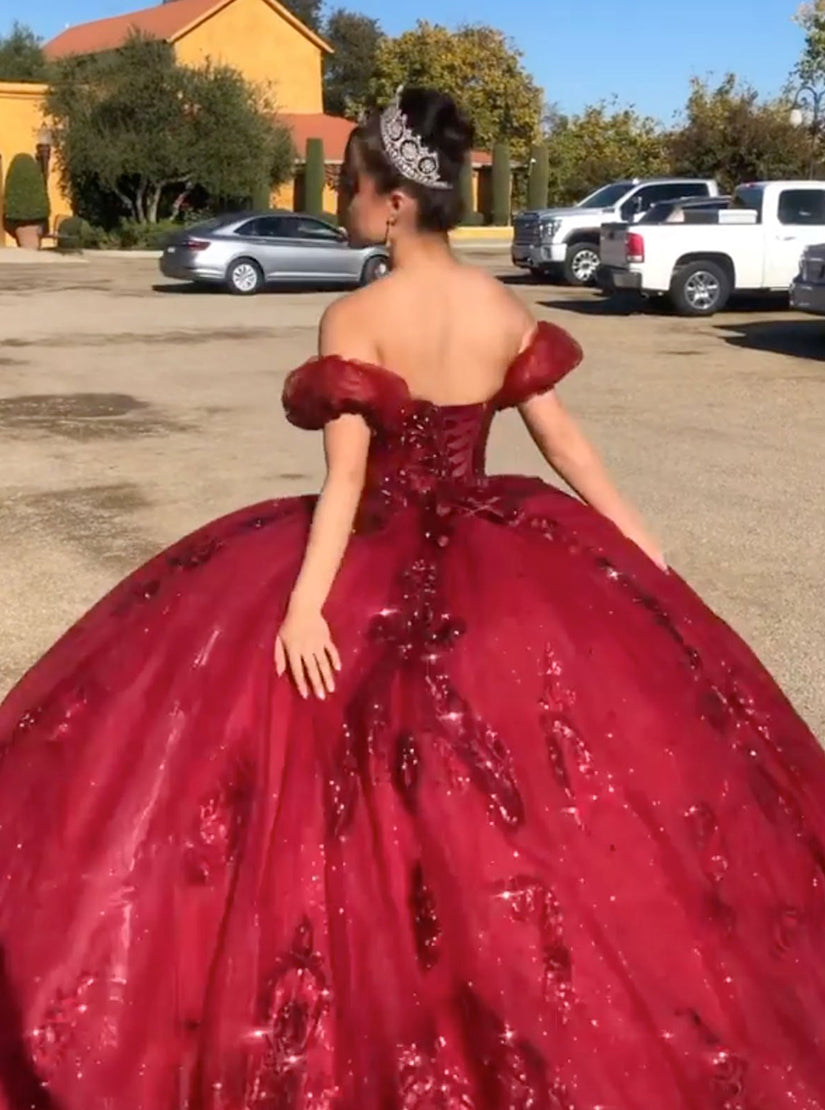 Burgundy Off Shoulder Tulle Lace Long Prom Dresses Sweet 16 Dresses