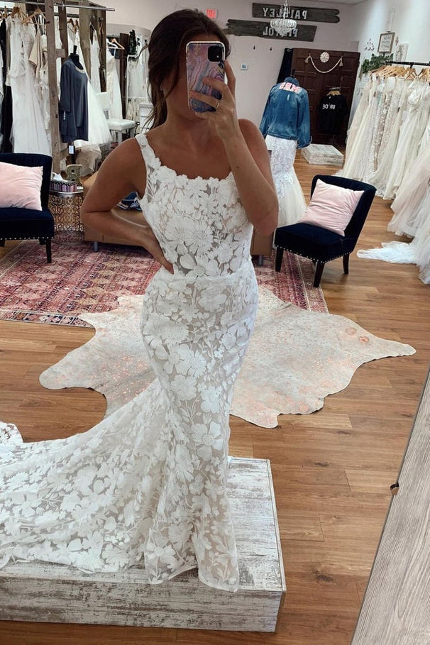 Gorgeous Square Neck Mermaid Lace Wedding Dresses