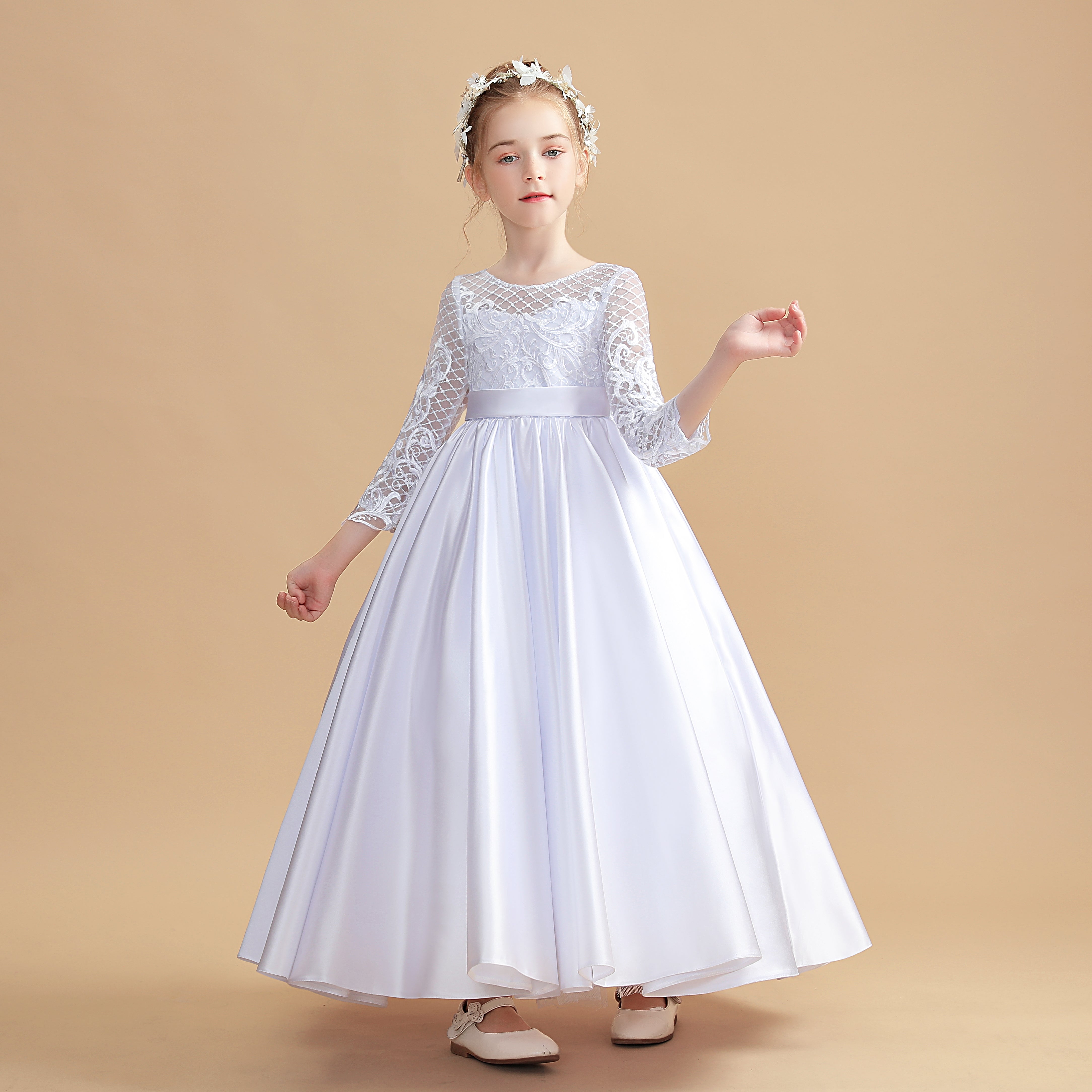 Round Neck White Satin Long Sleeves Flower Girl Dresses With Bowknot