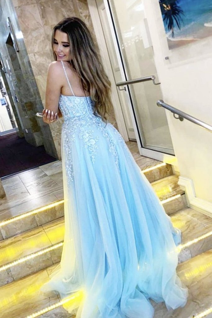 Light Blue Lace Appliques A-Line V-Neck Spaghrtti Straps Formal Evening Dresses Long Prom Dresses