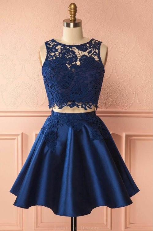 Impressive Two Piece Lace Round Neck With Appliques Homecoming Dresses