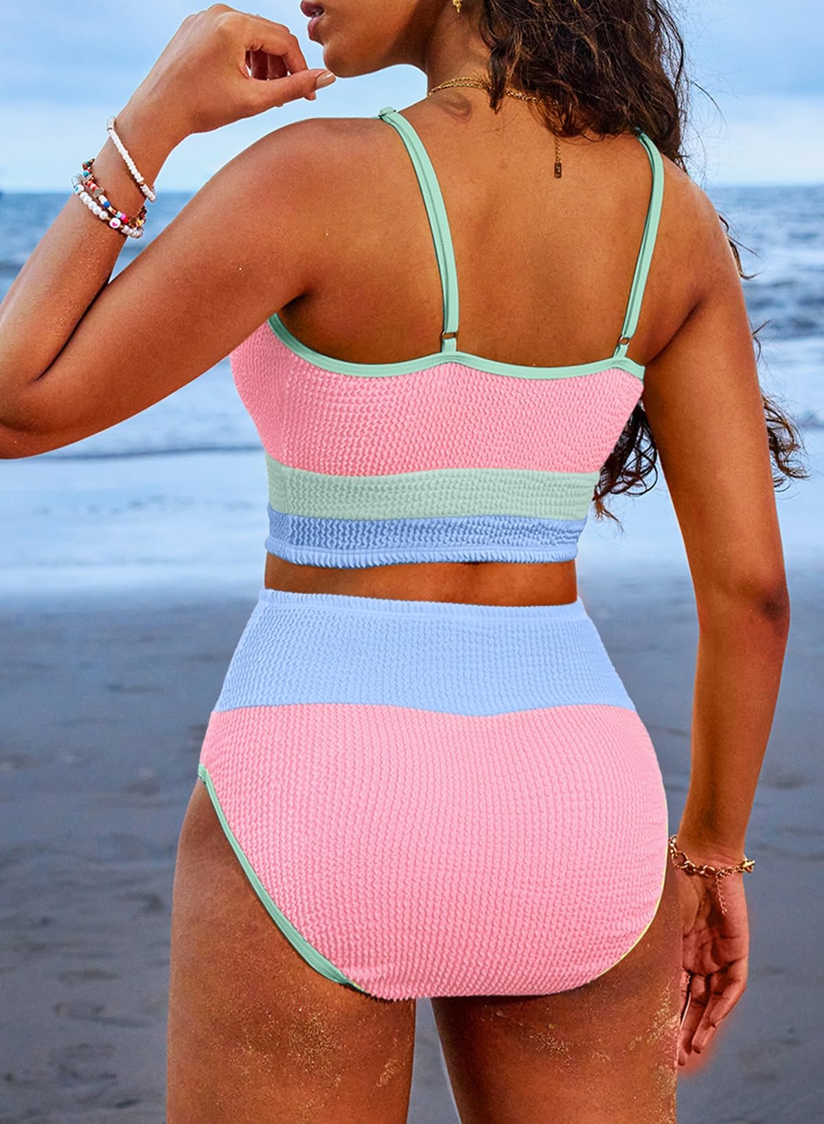 Savaviaswim - Women 2 Piece Bikini Set High Waisted Color Block Swimsuit Beach Scrunch Ribbed Bathing Suit
