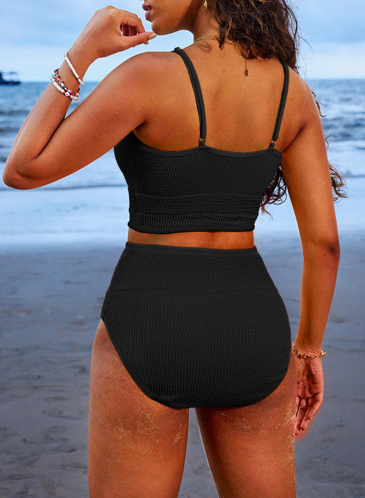 Savaviaswim - Women 2 Piece Bikini Set High Waisted Color Block Swimsuit Beach Scrunch Ribbed Bathing Suit