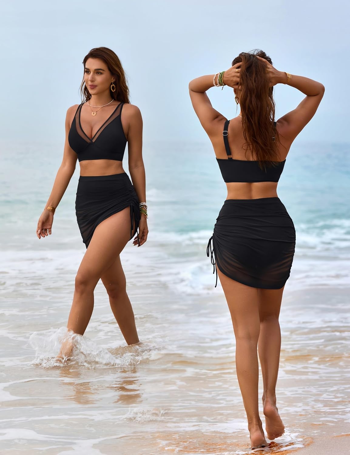 Savaviaswim - Womens Swim Skirt High Waisted Bikini Sets Tummy Control Swimsuits Mesh Sarong Wraps Bathing Suits