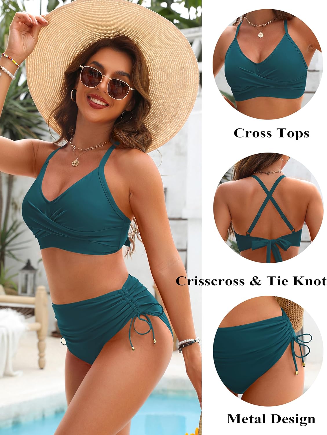 Savaviaswim - Womens High Waisted Bikini Sets Drawstring Tummy Control Swimsuits Crisscross Tie Back Bathing Suit