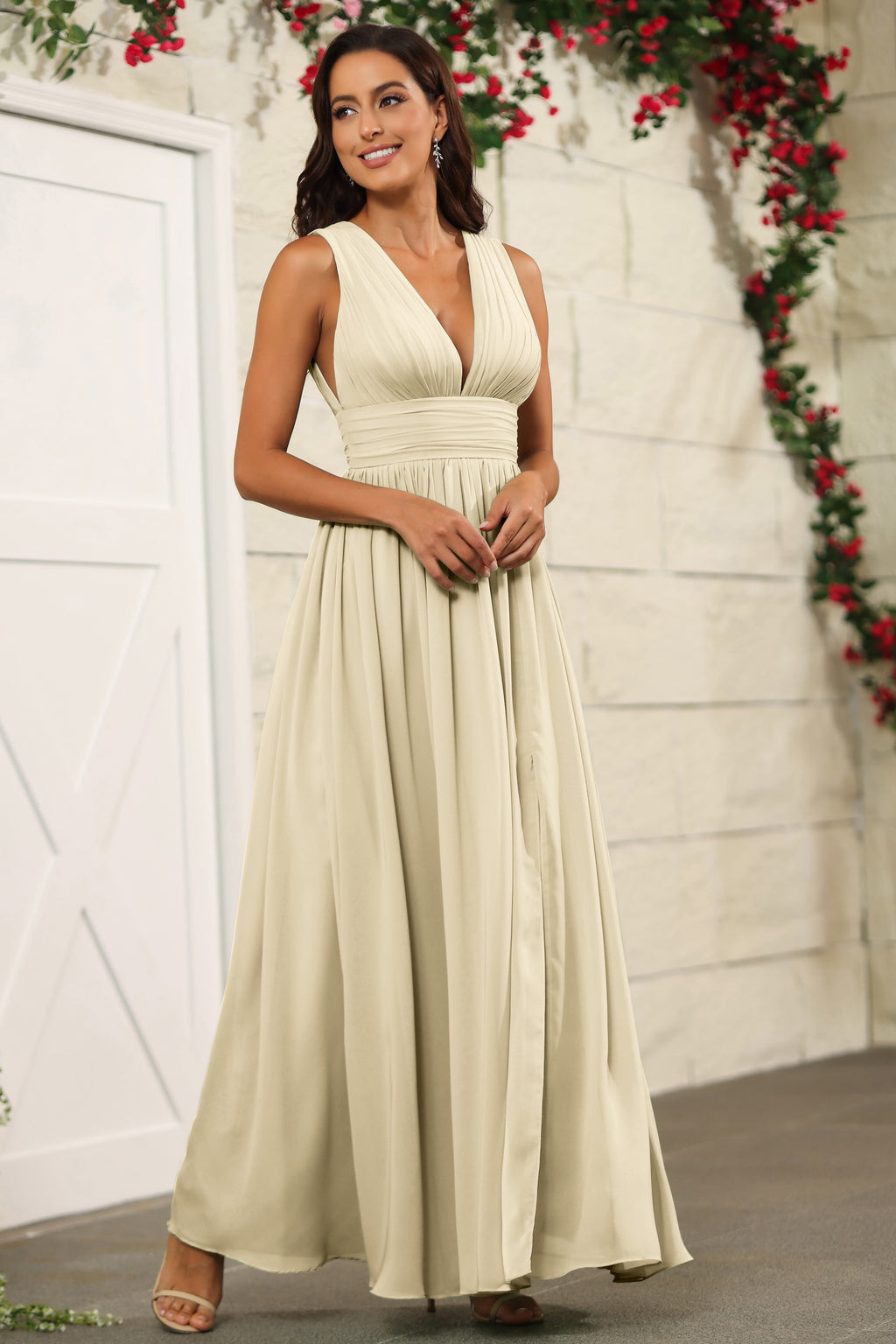 Champagne Sleeveless Floor Length V-Neck Bridesmaid Dresses