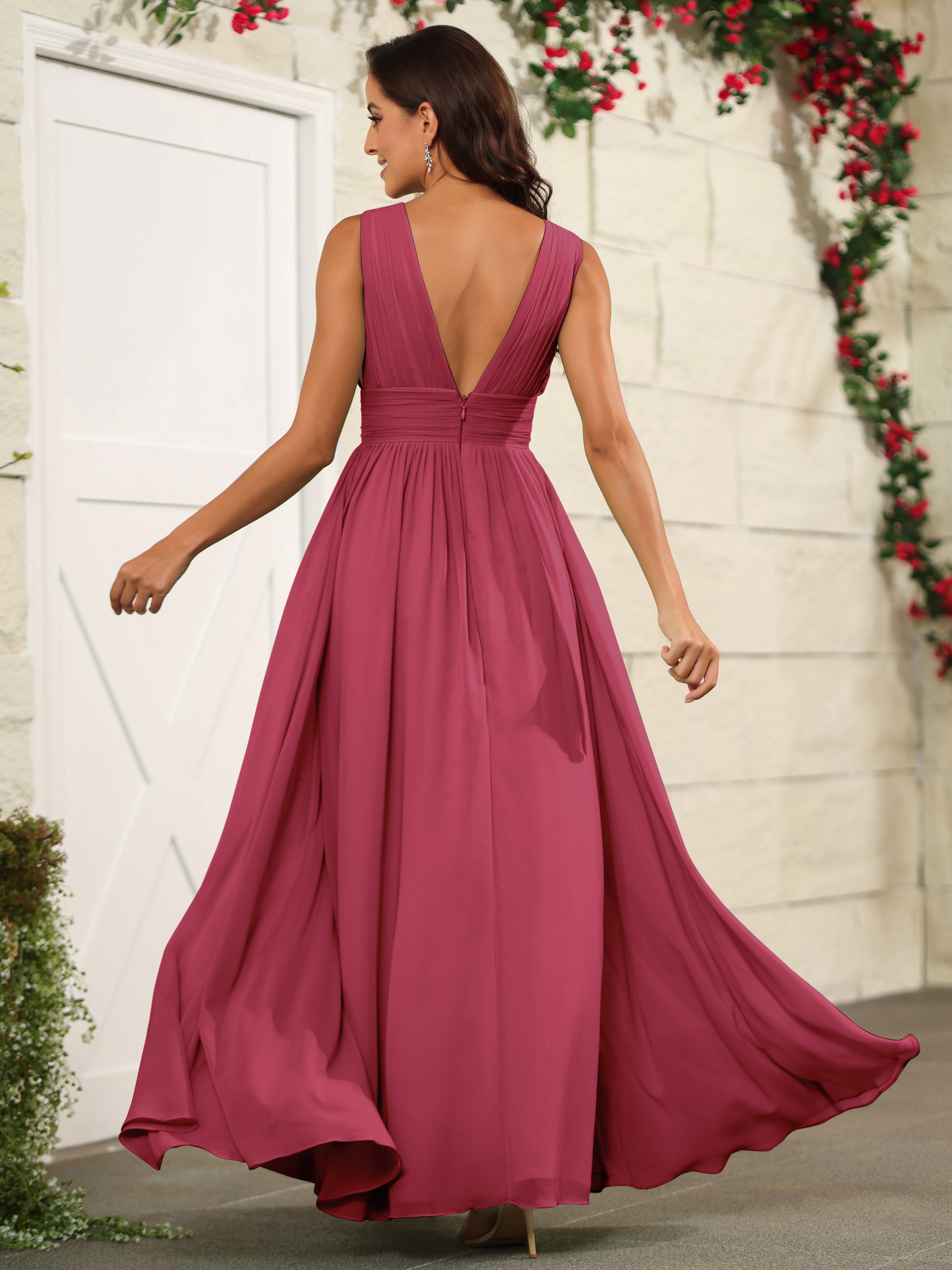 Cinnamon Rose Sleeveless Floor Length V Neck Bridesmaid Dresses