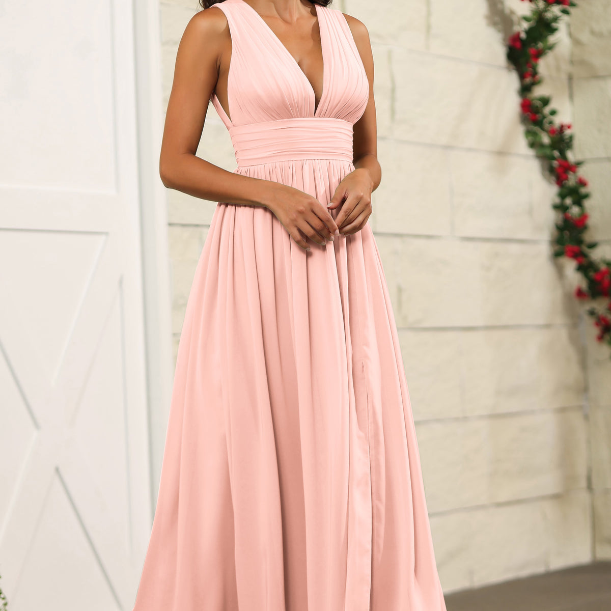 Sleeveless Coral V-Neck Long Bridesmaid Dresses