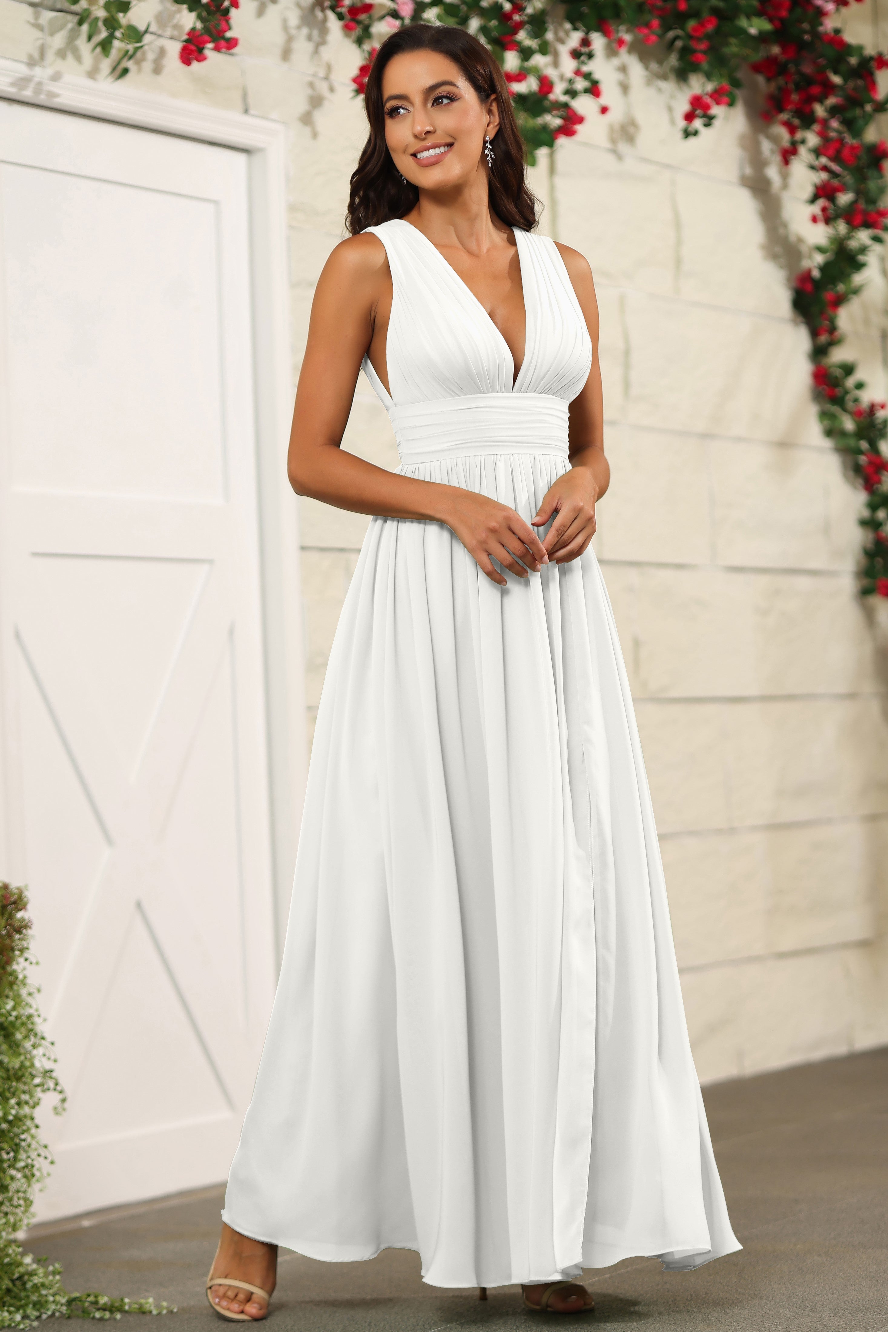 Chiffon Ivory Sleeveless V-Neck  Long Bridesmaid Dresses