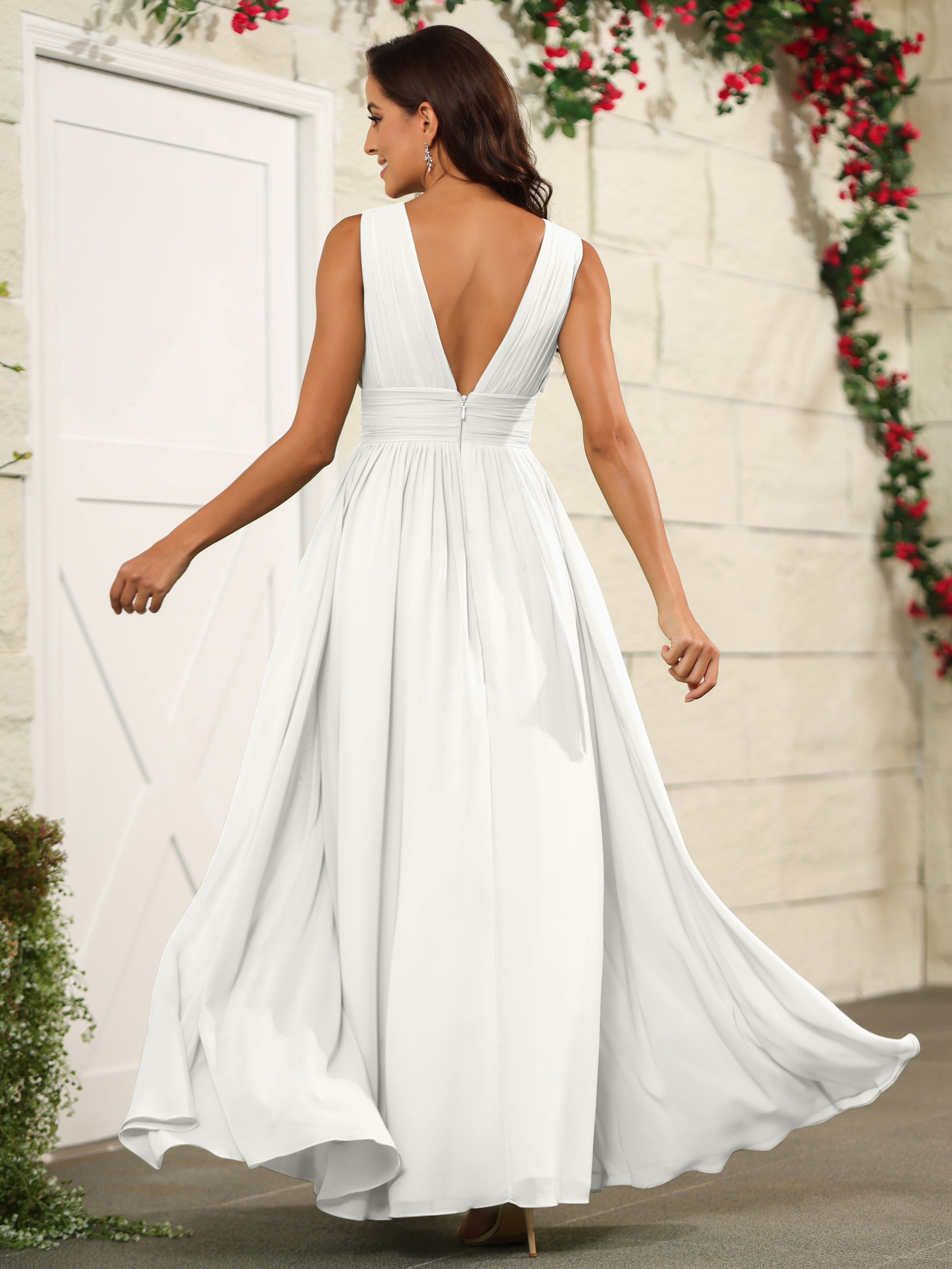 Chiffon Ivory Sleeveless V Neck Long Bridesmaid Dresses