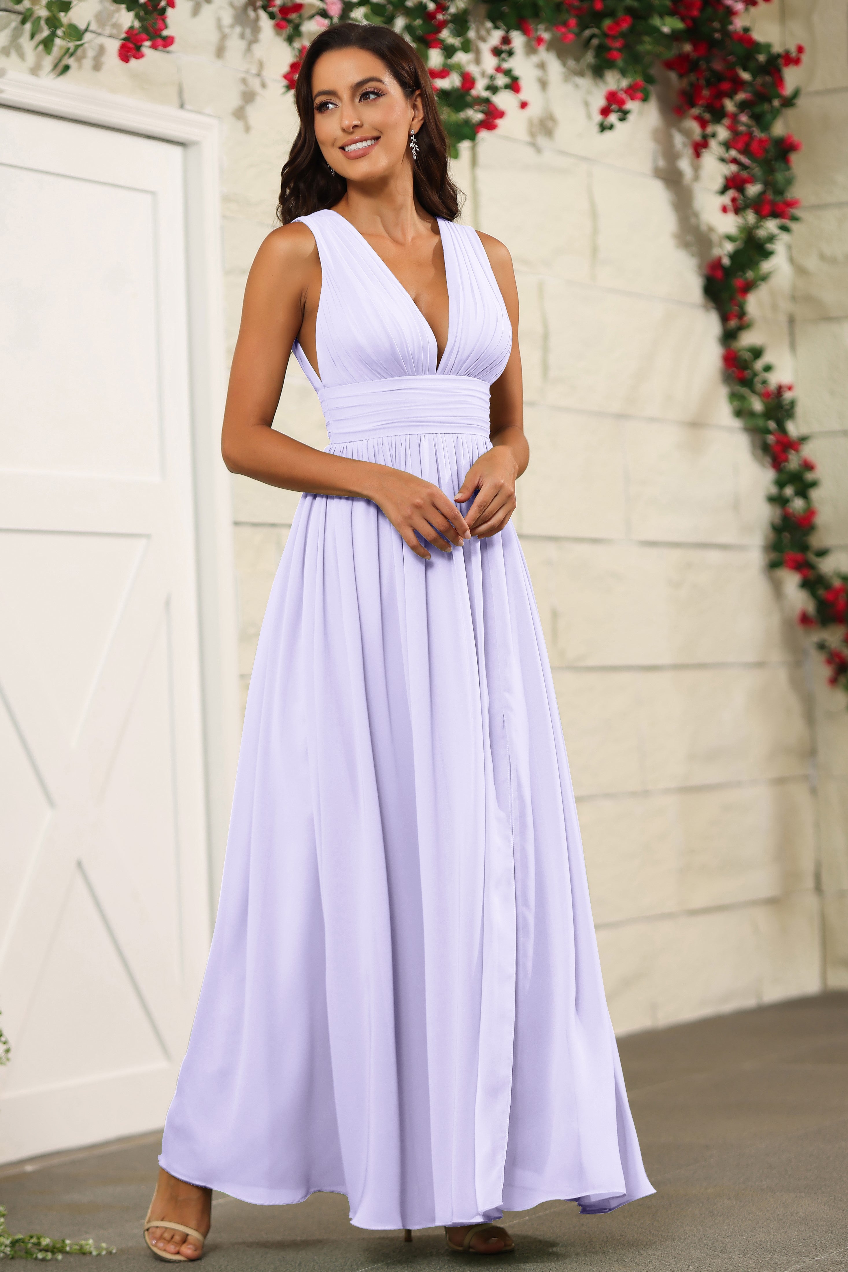 Chiffon Lilac Sleeveless V-Neck  Long Bridesmaid Dresses