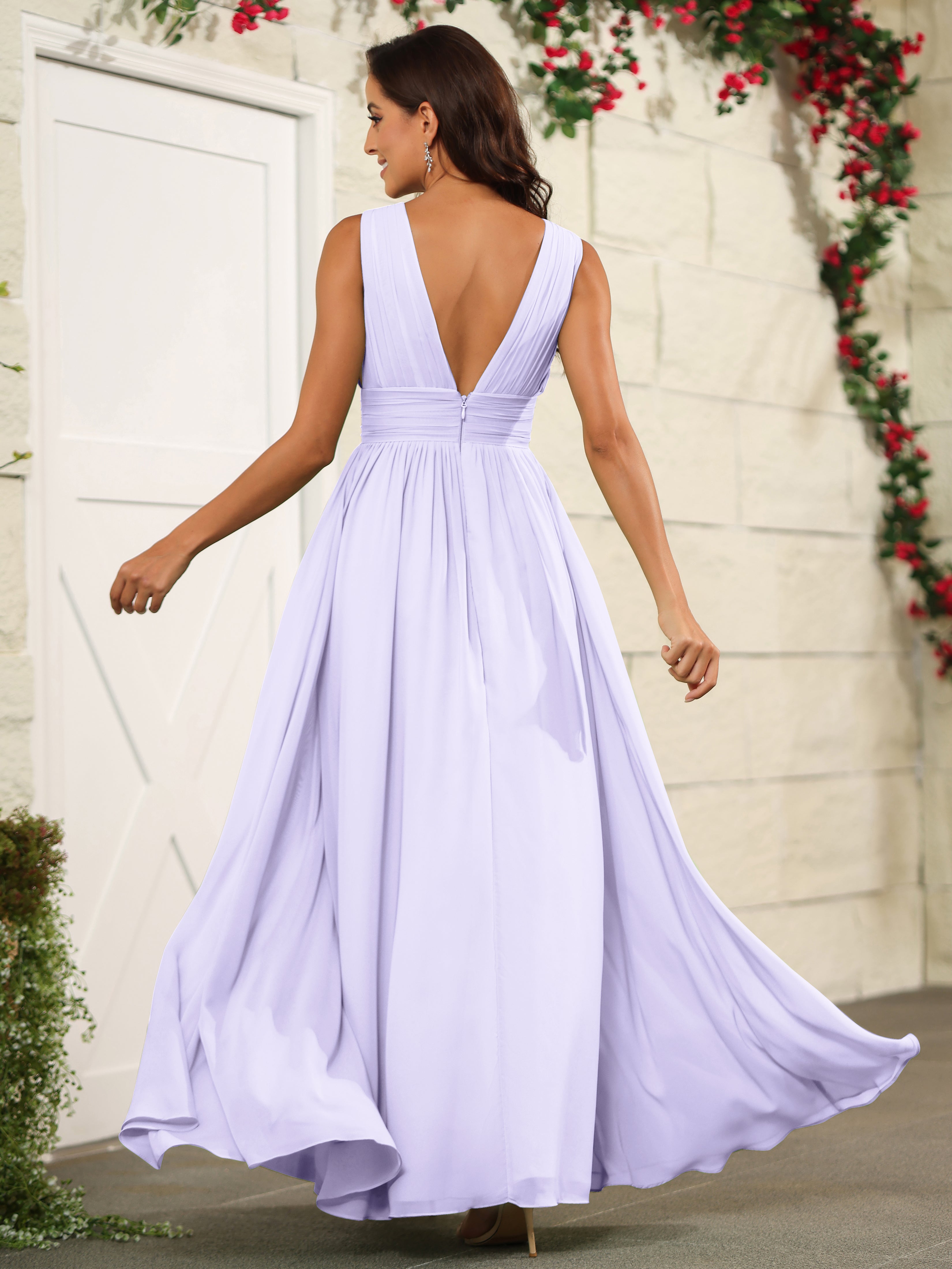 Chiffon Lilac Sleeveless V-Neck  Long Bridesmaid Dresses