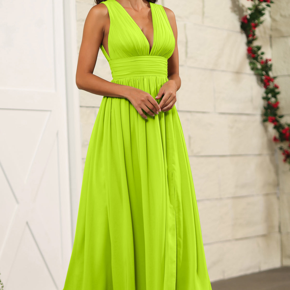 Chiffon Lime Green Sleeveless V-Neck Long Bridesmaid Dresses