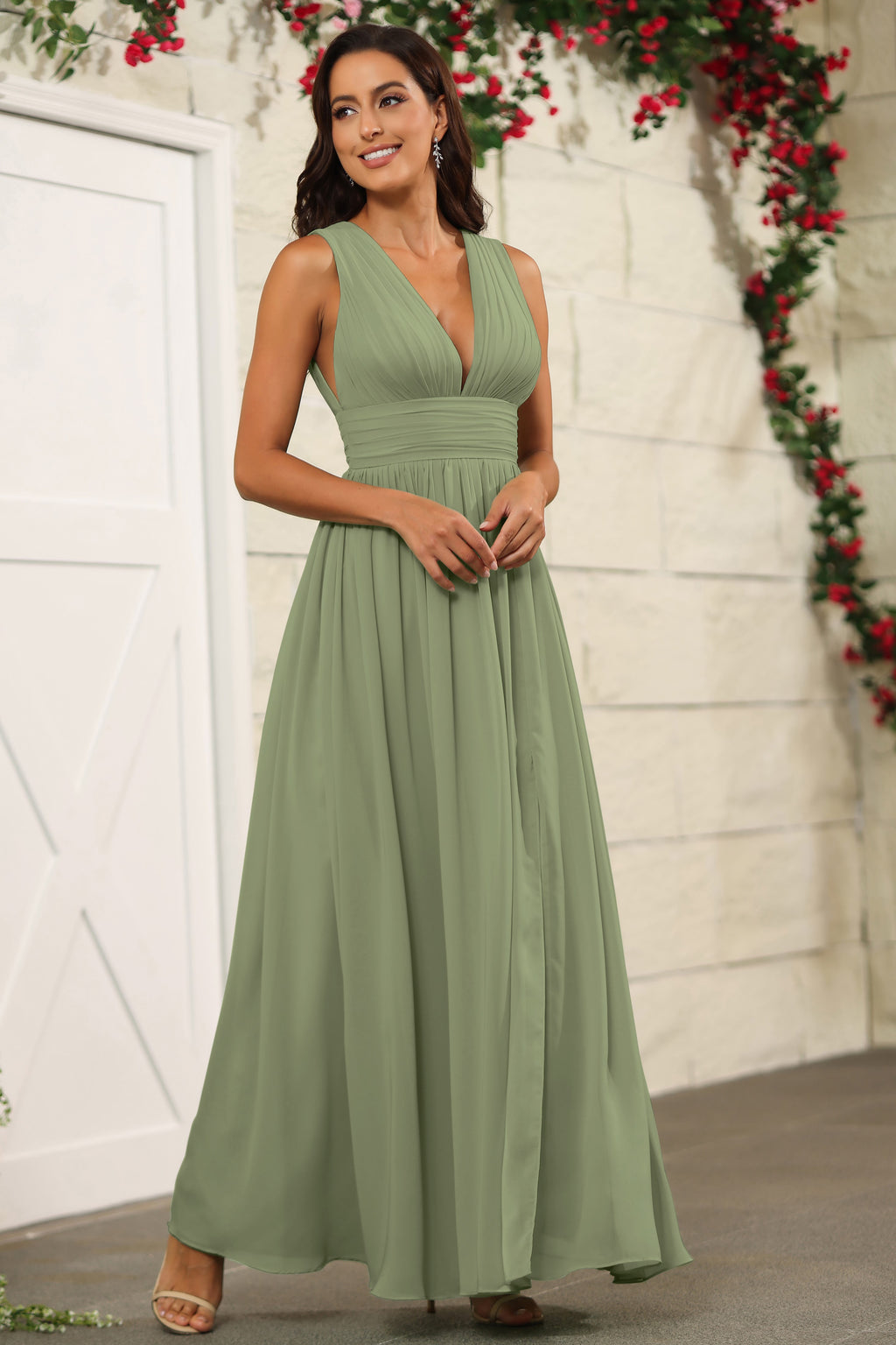 Olive Green Sleeveless V-Neck Floor Length Bridesmaid Dresses Olive Green Sleeveless V-Neck Floor Length Bridesmaid Dresses