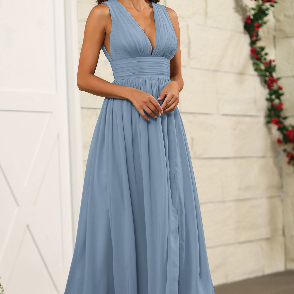 slate blue bridesmaid dresses uk Slate Blue Chiffon Ruffled Slit Strappy Back Long Bridesmaid Prom Dress main image 1