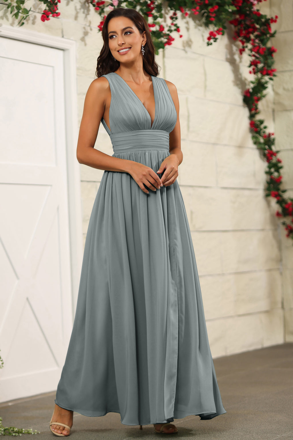 anthropologie black bridesmaid dresses Steel Grey Chiffon Floor Length V-Neck Bridesmaid Dresses
