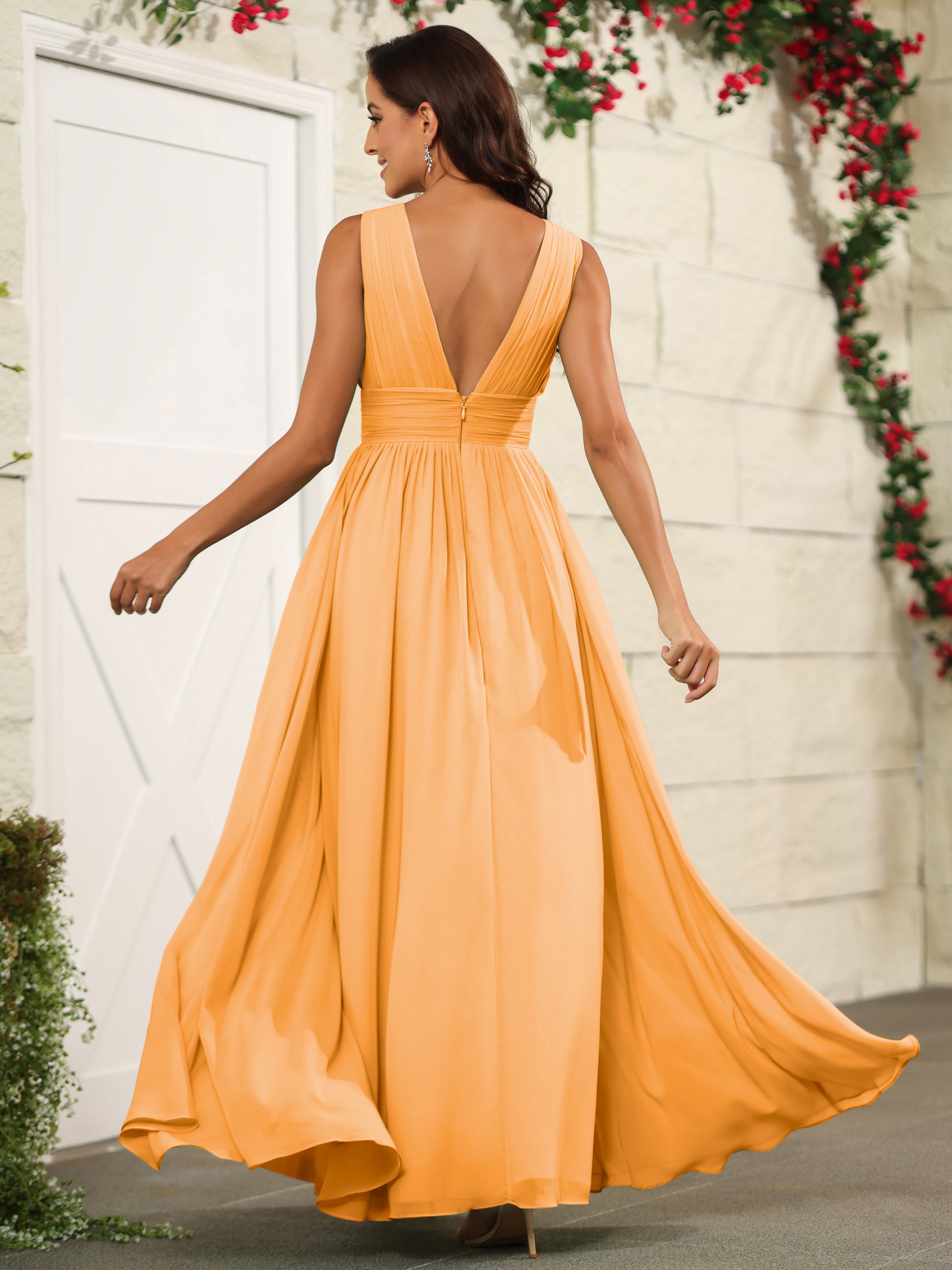 Tangerine Chiffon Floor Length V Neck Bridesmaid Dresses