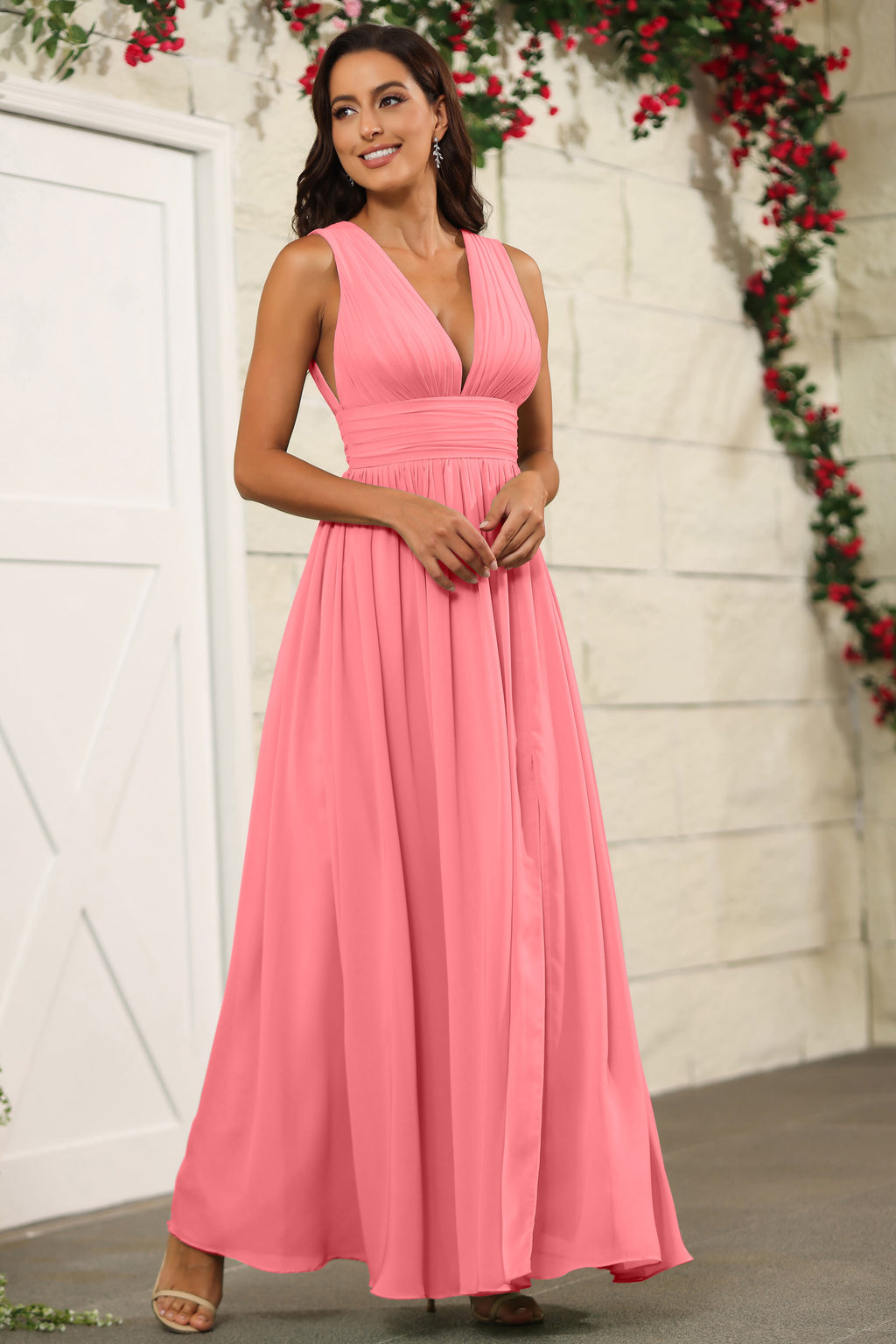 Watermelon Chiffon Floor Length V-Neck Bridesmaid Dresses
