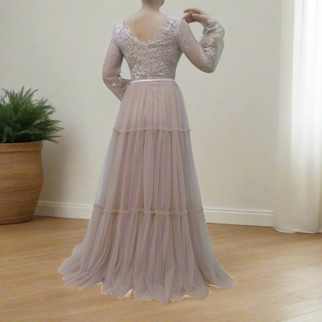 V-neck Flowy Tulle Long Sleeves Floor Length Wedding Dress  WDL0011