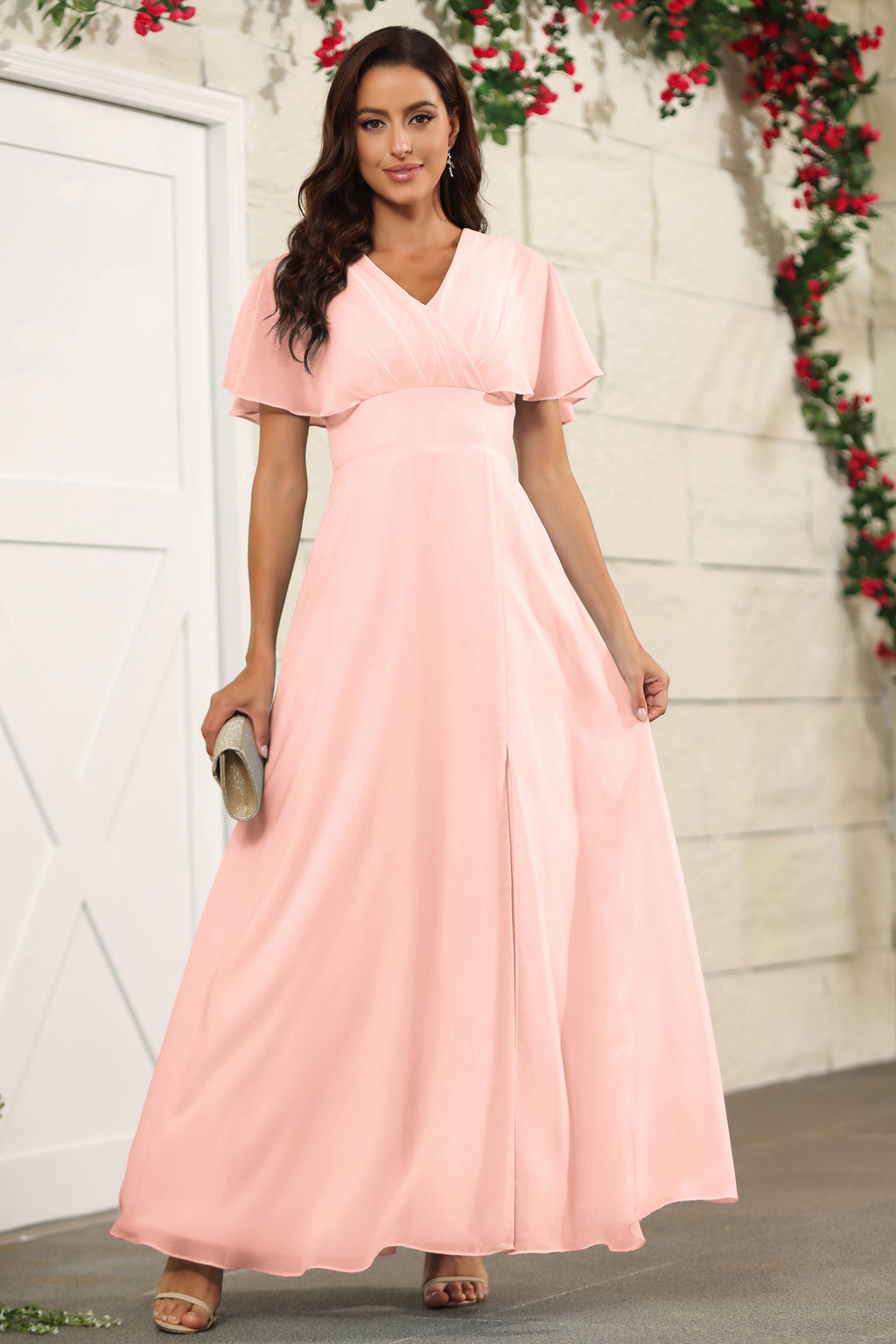 A Line Coral Floor Length V-neck Chiffon Bridesmaid Dresses A Line Coral Floor Length V-neck Chiffon Bridesmaid Dresses