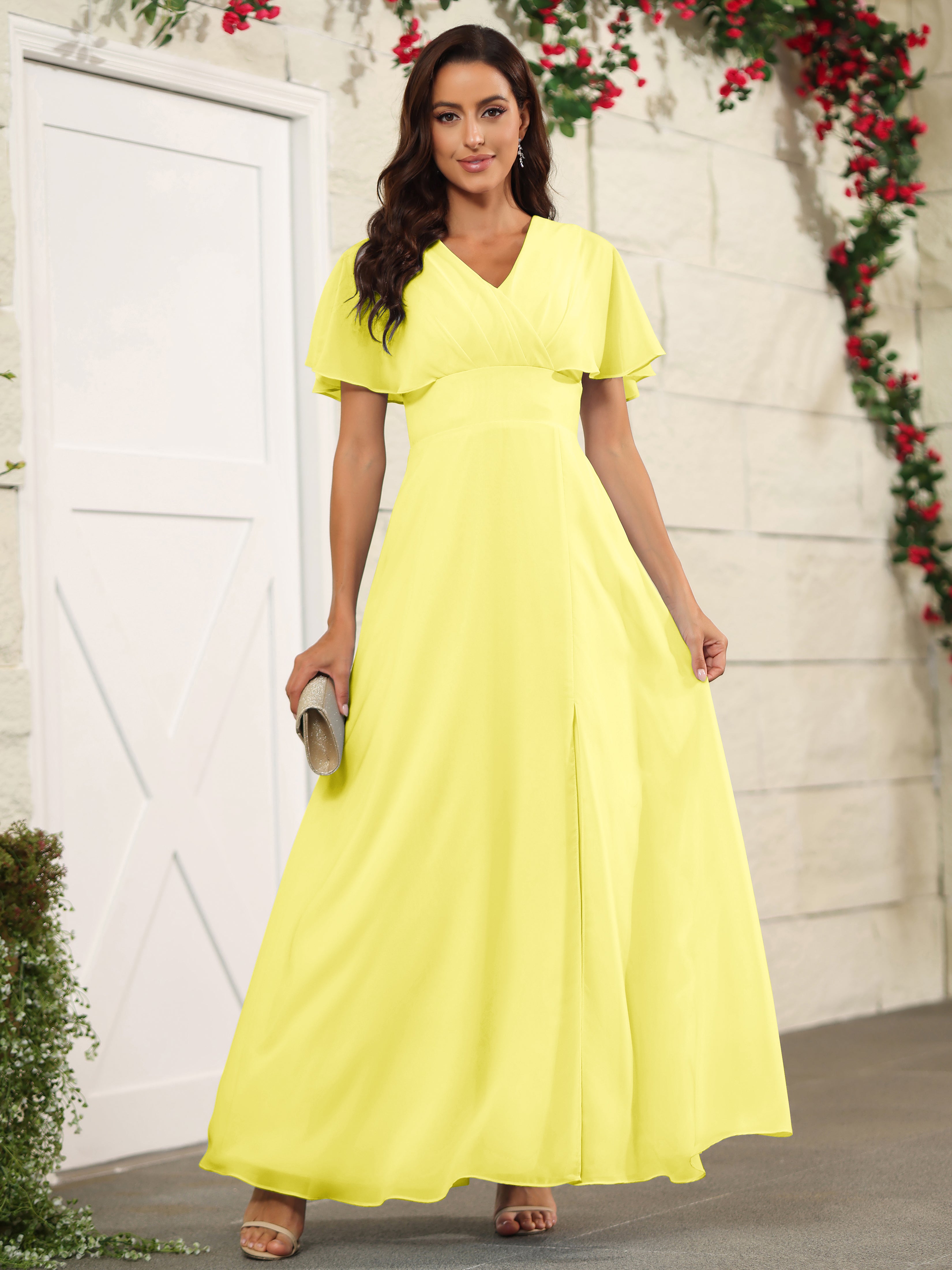 Chiffon Lemon A Line Floor Length Short Sleeves Bridesmaid Dresses