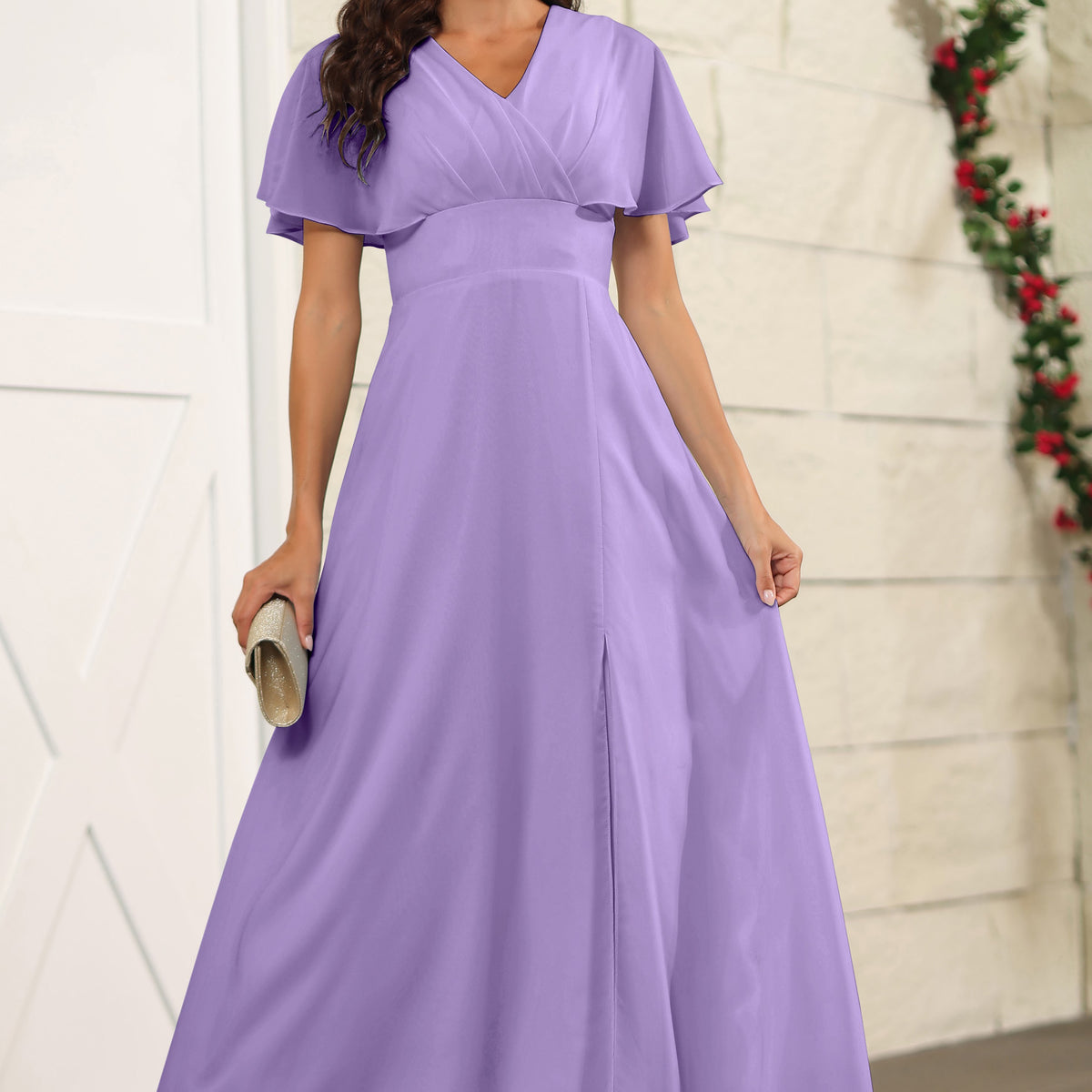 A Line Tahiti Chiffon Floor Length Short Sleeves Bridesmaid Dresses