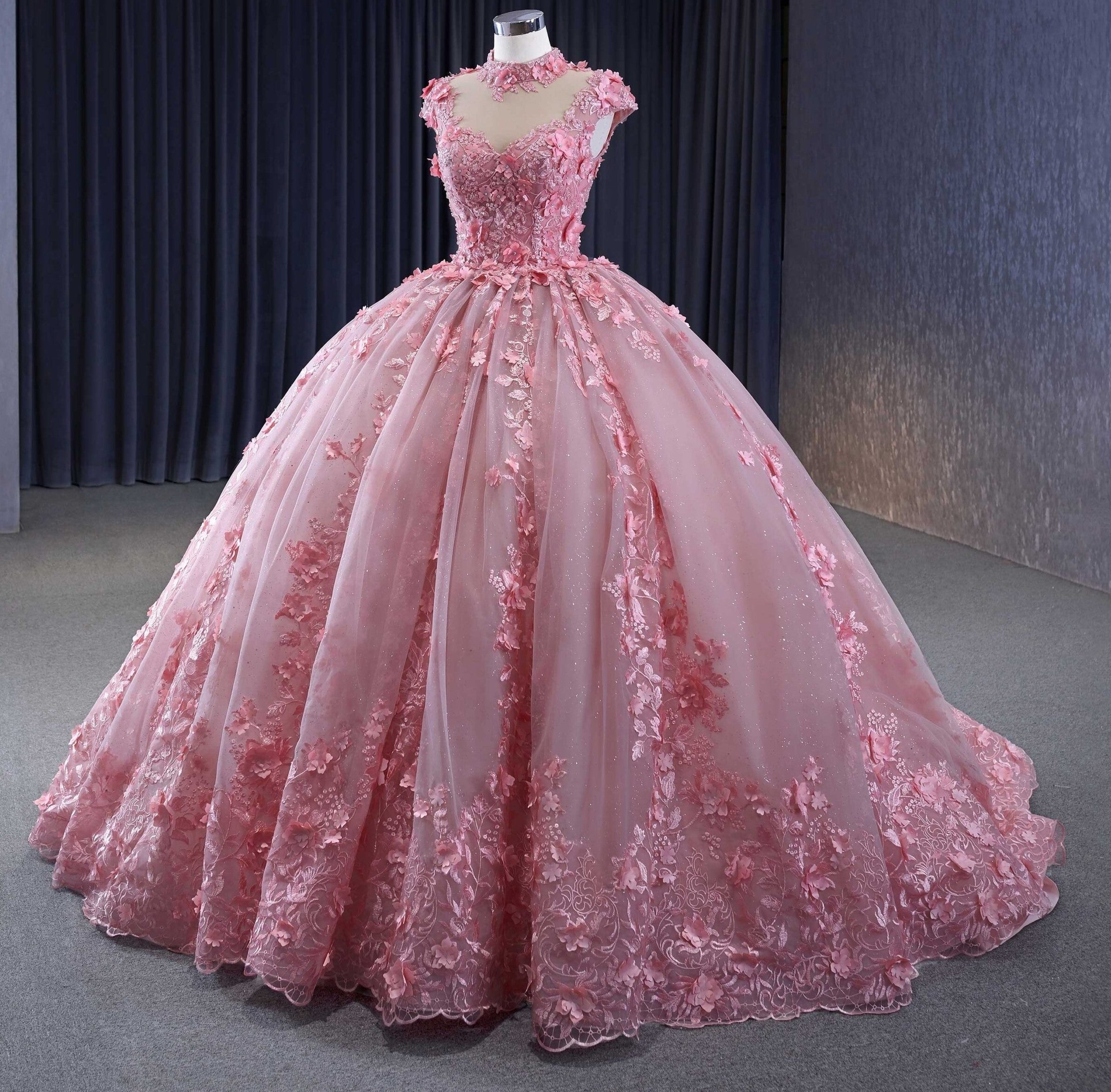 Classic Pink Cap Sleeves Quinceanera Dresses Sheer Neck Appliques Ball Gown