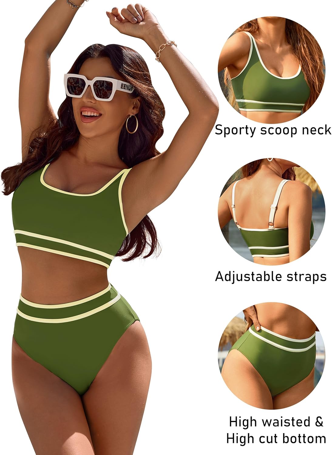Savaviaswim - Women's High Waisted Bikini Sets Sporty Two Piece Swimsuits Color Block Cheeky High Cut Bathing Suits
