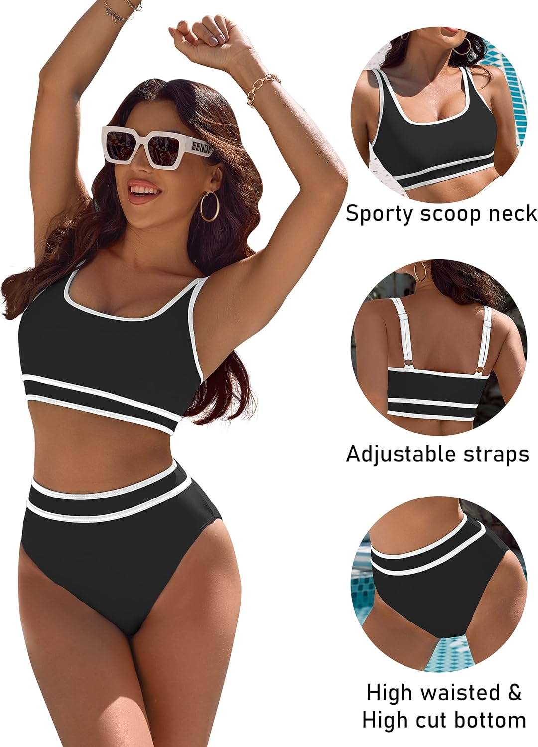 Savaviaswim - Women's High Waisted Bikini Sets Sporty Two Piece Swimsuits Color Block Cheeky High Cut Bathing Suits