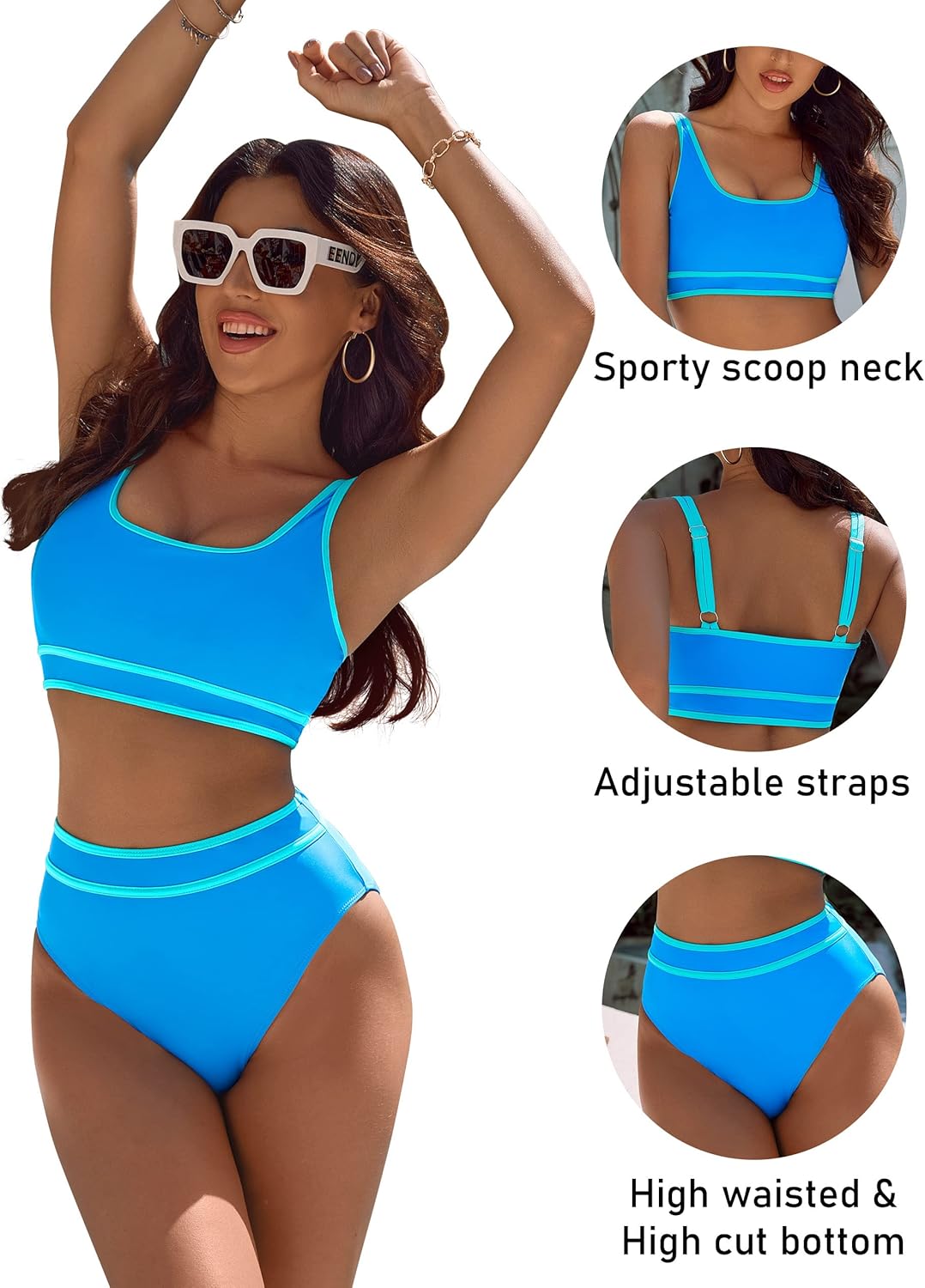 Savaviaswim - Women's High Waisted Bikini Sets Sporty Two Piece Swimsuits Color Block Cheeky High Cut Bathing Suits