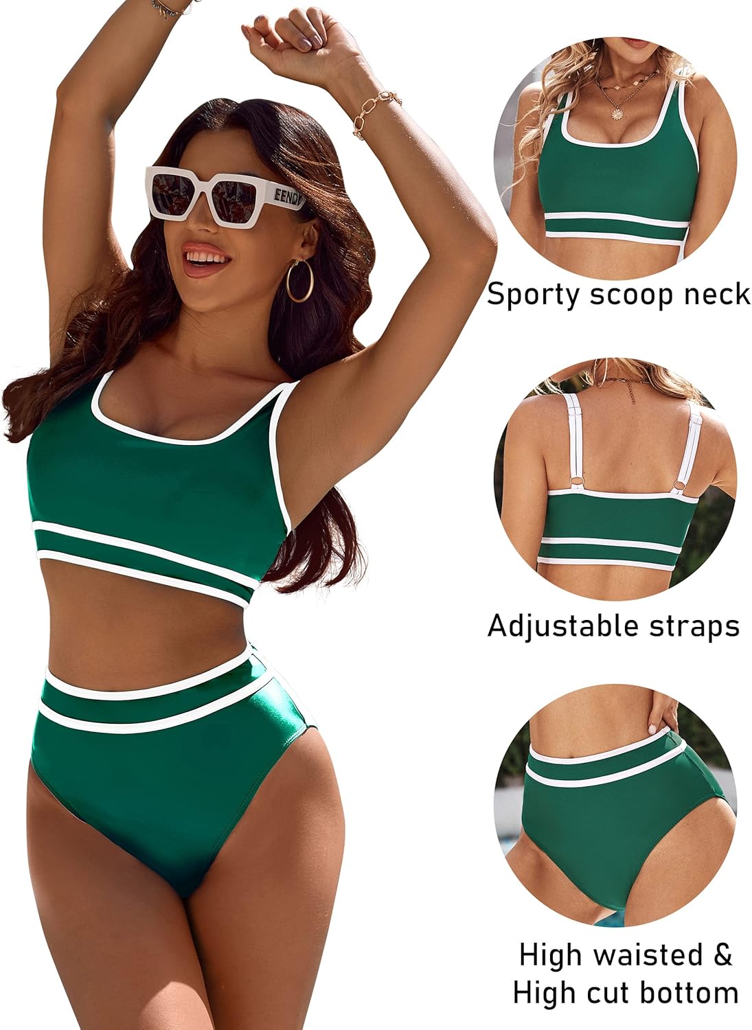 Savaviaswim - Women's High Waisted Bikini Sets Sporty Two Piece Swimsuits Color Block Cheeky High Cut Bathing Suits