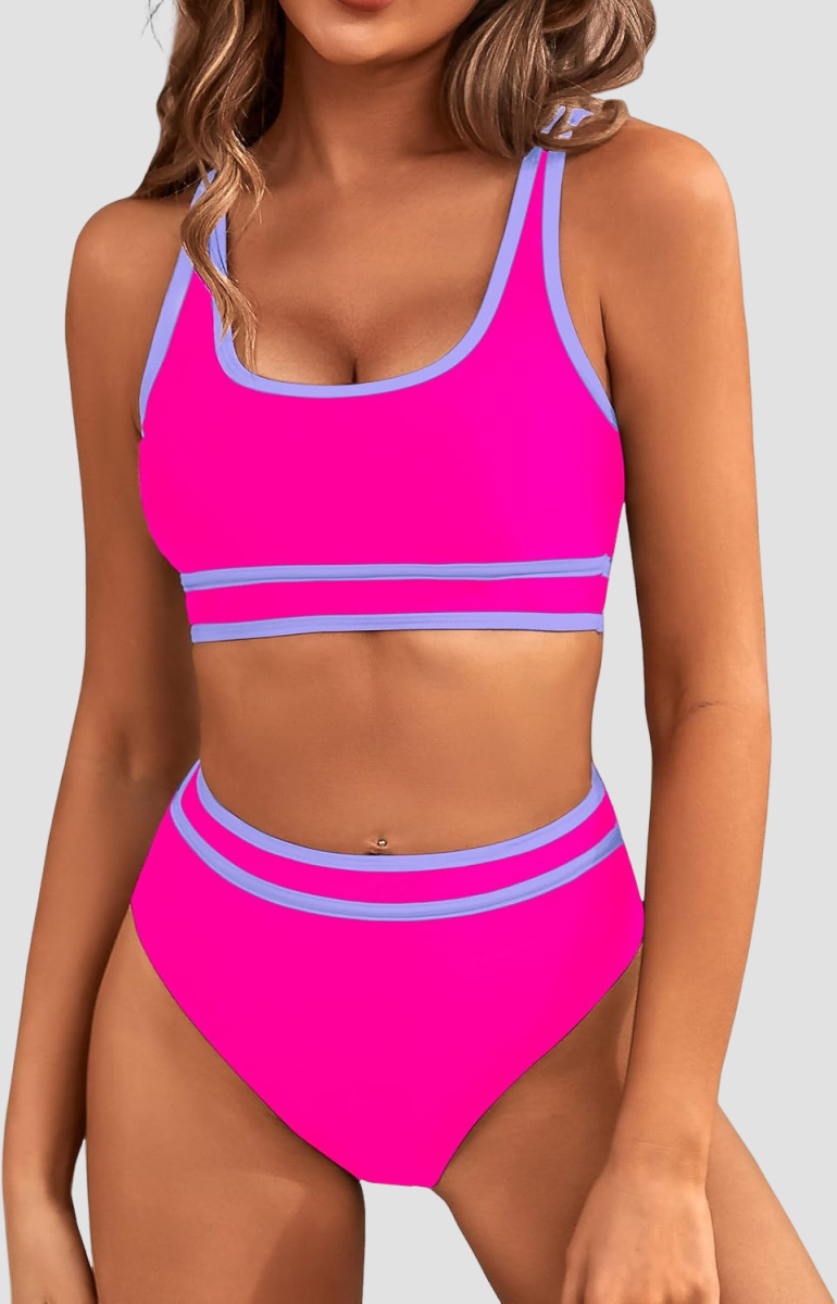 Savaviaswim - Women's High Waisted Bikini Sets Sporty Two Piece Swimsuits Color Block Cheeky High Cut Bathing Suits