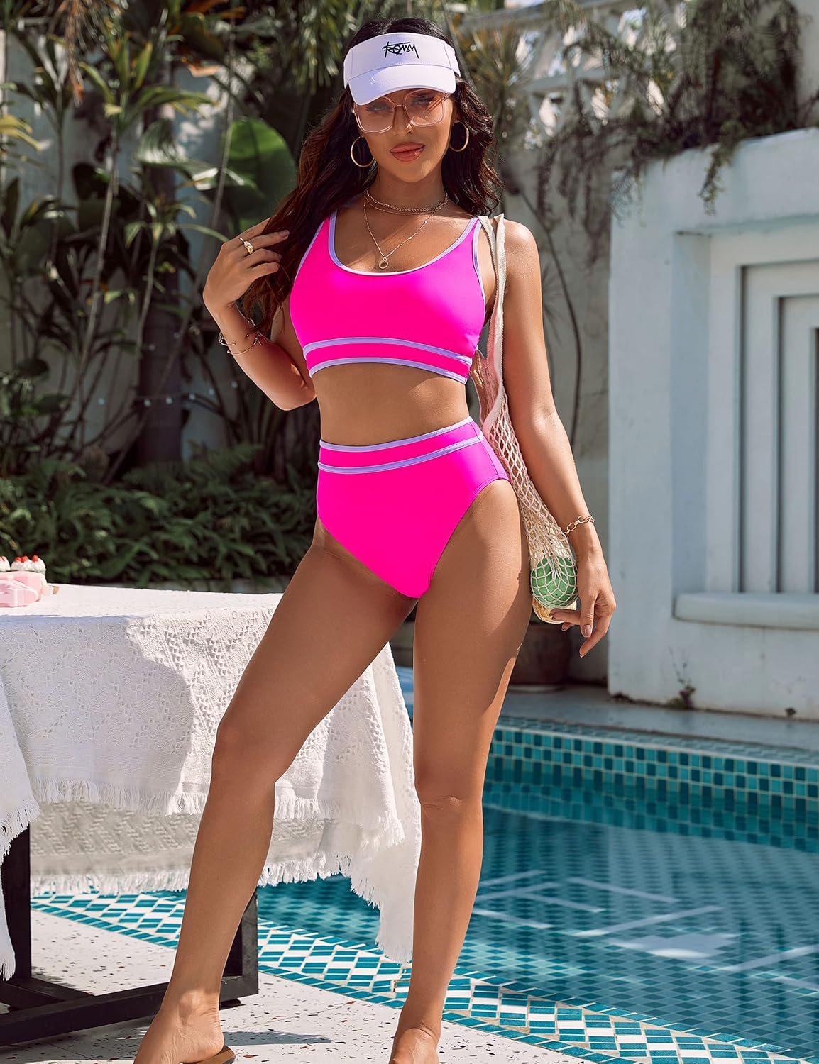 Savaviaswim - Women's High Waisted Bikini Sets Sporty Two Piece Swimsuits Color Block Cheeky High Cut Bathing Suits