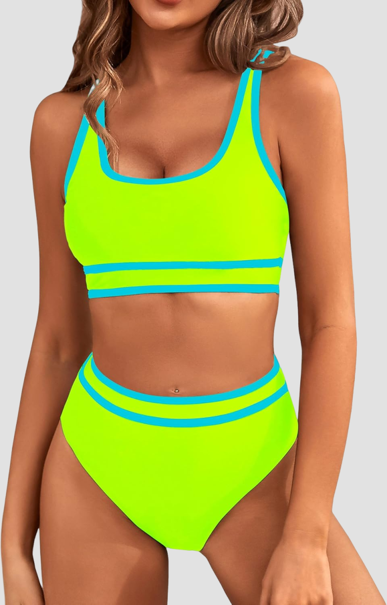 Savaviaswim - Women's High Waisted Bikini Sets Sporty Two Piece Swimsuits Color Block Cheeky High Cut Bathing Suits